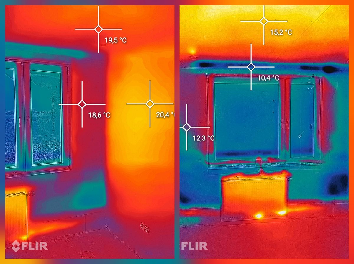Divi dzīvojamās istabas termogrāfijas attēli blakus. Labajā pusē auksti mērījuma punkti ar 15,2, 10,4 un 12,3 grādiem uz sienas un loga pārsedzes, kreisajā pusē tā pati vieta ar 19,5, 18,6 un 20,4 grādiem.